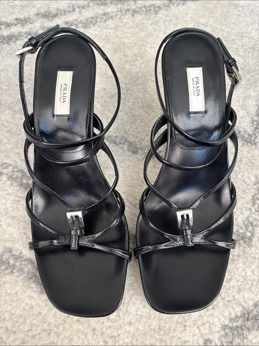 Vintage PRADA Archival Black Leather Strappy Buckle Kitten Heels Sandals Y2K EU